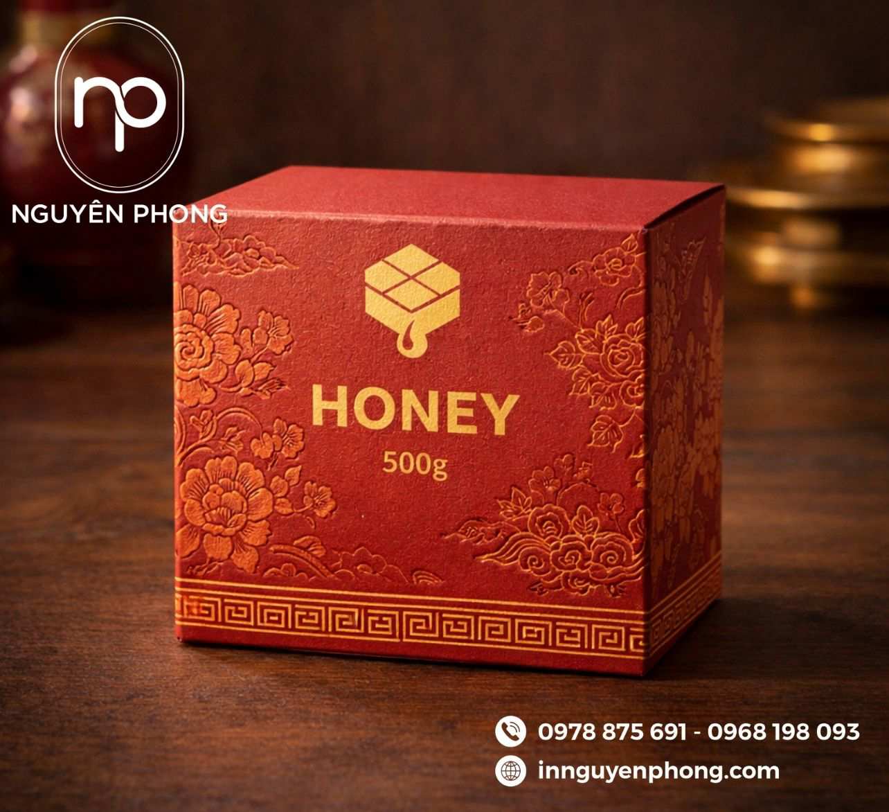 Mẫu in hộp đựng mật ong in hoa văn chìm 